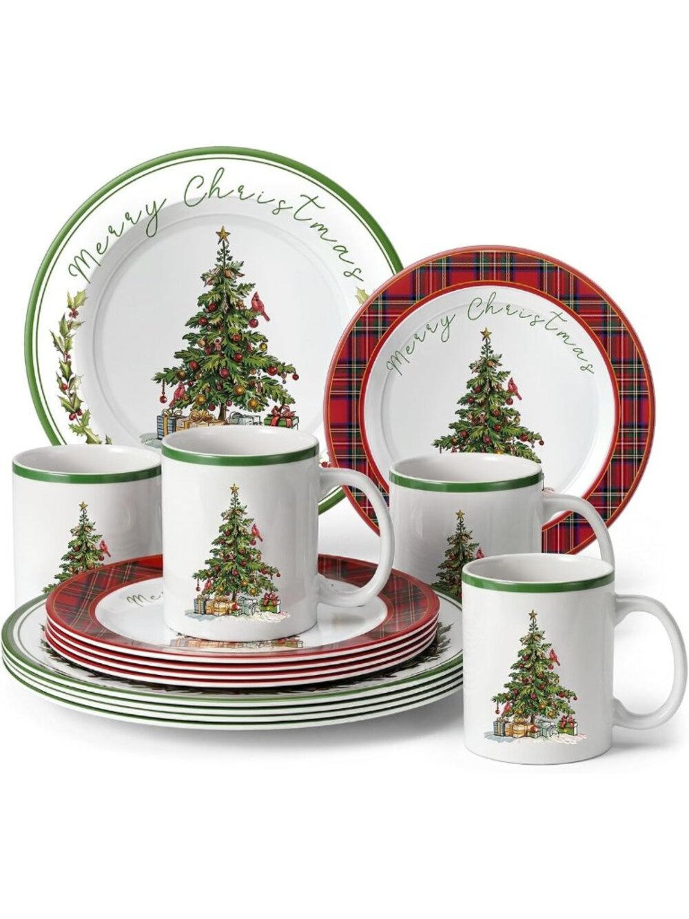 12-Piece Christmas Tree Dinnerware Set for 4 - Melamine Plates & Ceramic Mugs